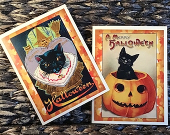 Vintage Halloween Cards, Black Cats, Witches, Pumpkins, Set of 5