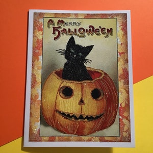 Glittered Halloween Card, Black Cat in Pumpkin, with White Envelope, Extra Sparkly image 7