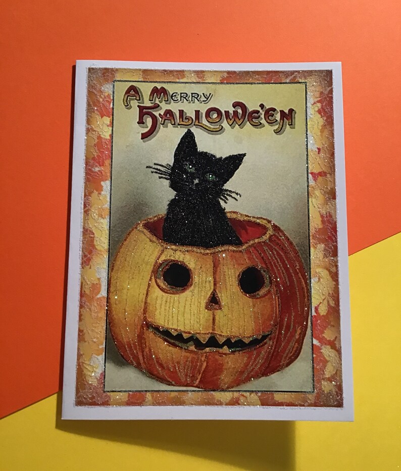 Glittered Halloween Card, Black Cat in Pumpkin, with White Envelope, Extra Sparkly image 7