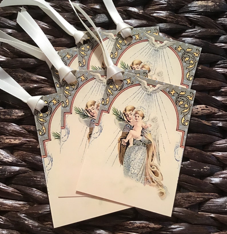 Ivory Vintage Style Holy Angel Christmas Tags with Ivory Satin Ribbon, Printed on Ivory Cardstock image 5