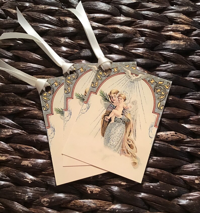 Ivory Vintage Style Holy Angel Christmas Tags with Ivory Satin Ribbon, Printed on Ivory Cardstock image 1
