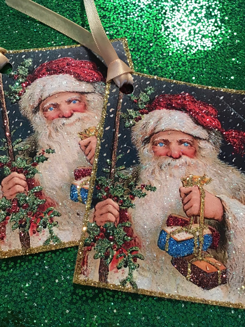 Glittered Christmas Tags, Blued-Eyed Santa, Extra Sparkly image 4