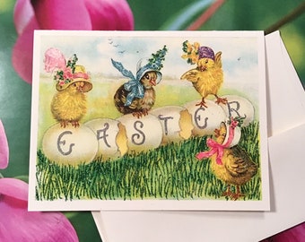 Glittered Easter Card, Vintage Style Chicks with Bonnets, with Envelope, Extra Sparkly!