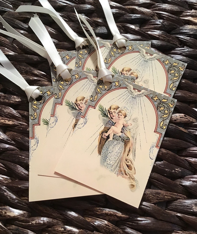 Ivory Vintage Style Holy Angel Christmas Tags with Ivory Satin Ribbon, Printed on Ivory Cardstock image 3