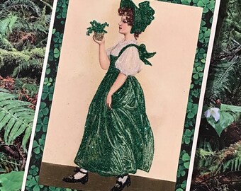 Biglietto glitterato per il giorno di San Patrizio, signora in verde con regalo di trifoglio, stile vintage... con busta