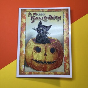 Glittered Halloween Card, Black Cat in Pumpkin, with White Envelope, Extra Sparkly image 3