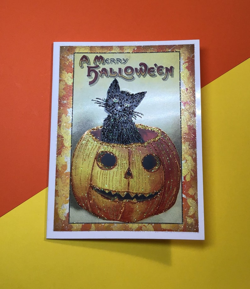Glittered Halloween Card, Black Cat in Pumpkin, with White Envelope, Extra Sparkly image 3