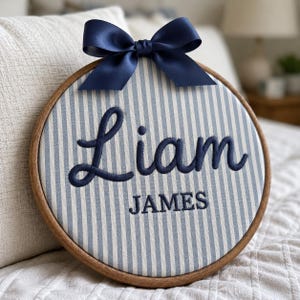 Custom Embroidered Baby Announcement Sign, Personalized Nursery Name Hoop, Baby Shower Gift, Newborn Door Plaque, Oval or Circle Frame Decor
