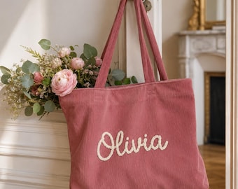 Custom Name Corduroy Tote Bag, Personalized Embroidered Shoulder Bag for Work, Books, Travel, Bridesmaid Gift, Everyday Carry Bag for Her