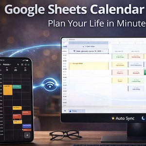 Può includere: Un monitor di computer e uno smartphone mostrano un pianificatore di calendario di Google Sheets. Il testo recita "Google Sheets Calendar Planner" e "Plan Your Life in Minutes". Lo schermo mostra le opzioni "Auto Sync" e "Dark Mode".