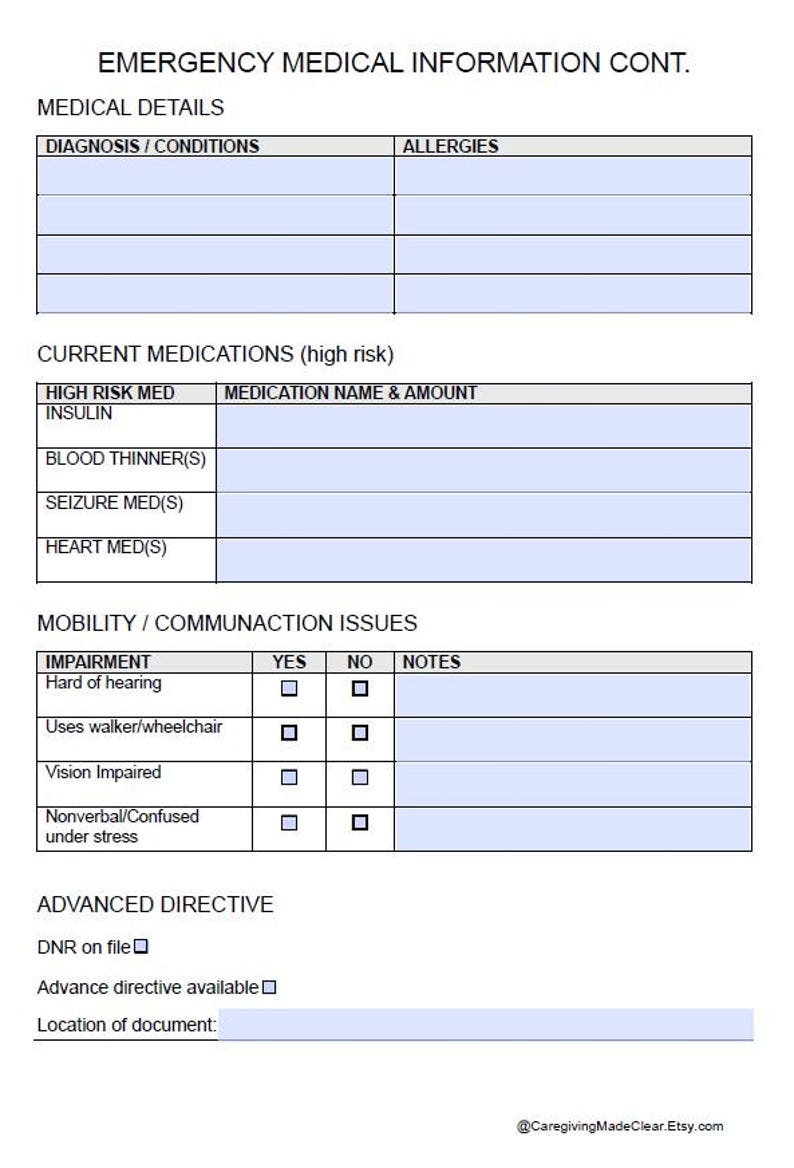 Emergency Medical Information Form | Printable & Fillable PDF for ...