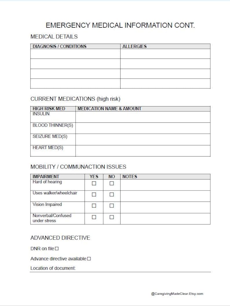 Emergency Medical Information Form | Printable & Fillable PDF for ...