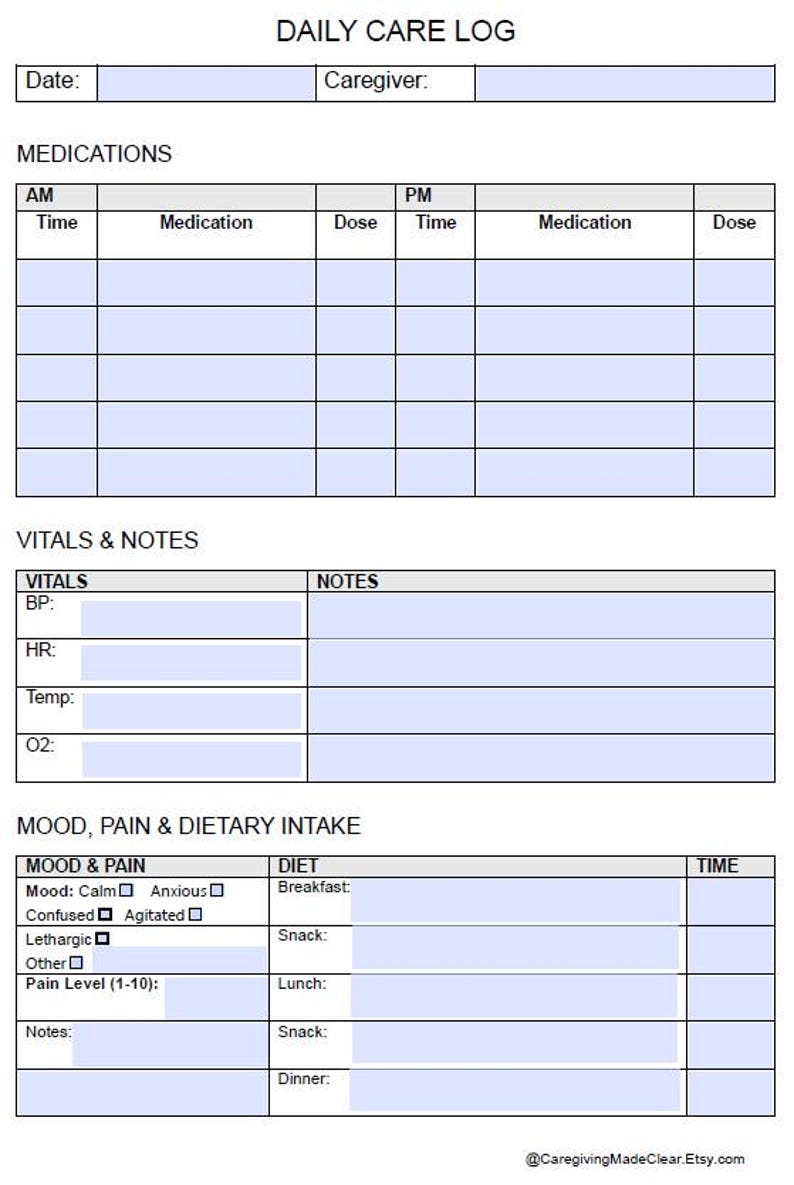 Caregiver Binder Bundle - Printable & Fillable Care Logs, Medication ...
