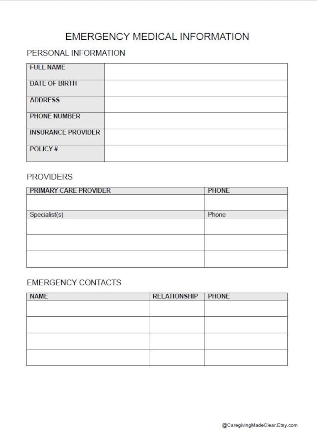 Emergency Medical Information Form | Printable & Fillable PDF for ...