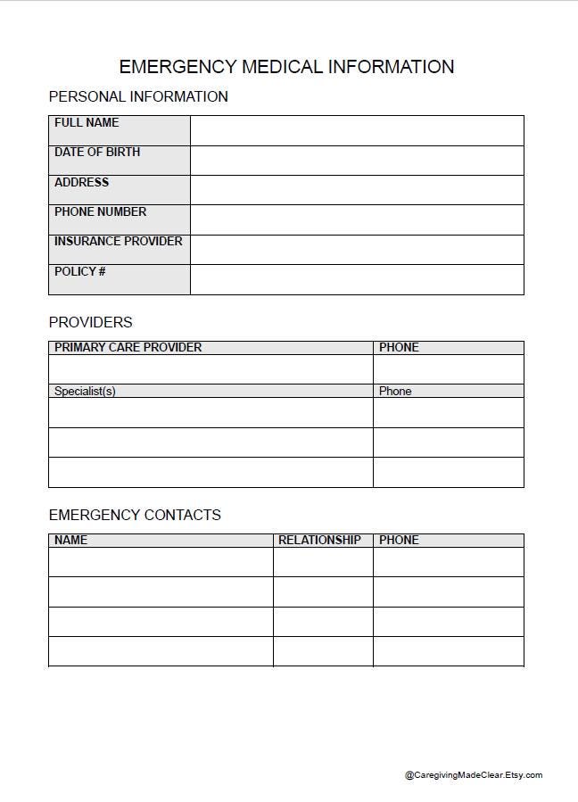 Emergency Medical Information Form | Printable & Fillable PDF for ...