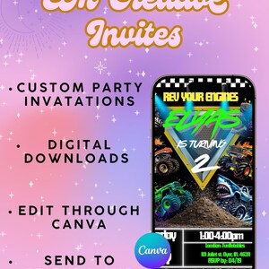 May include: A digital invitation design with a monster truck theme. The invitation is displayed on a smartphone screen, with the text "REV YOUR ENGINES" and "ELIAS IS TURNING 2". The background is a gradient of pink and purple with stars.