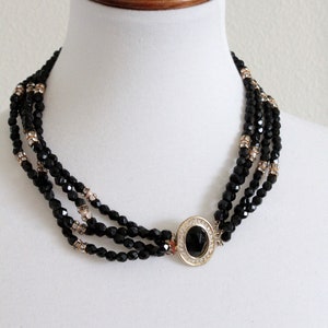 1960s Signed HOBE Necklace  & earrings  with Jet Black Glass Crystals , small Faux pearls and clear rhinestones #1014