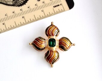 Signé Joan Rivers Russe Émaillé Croix Faux Émeraude Centre Pierre Broche Pin #1677