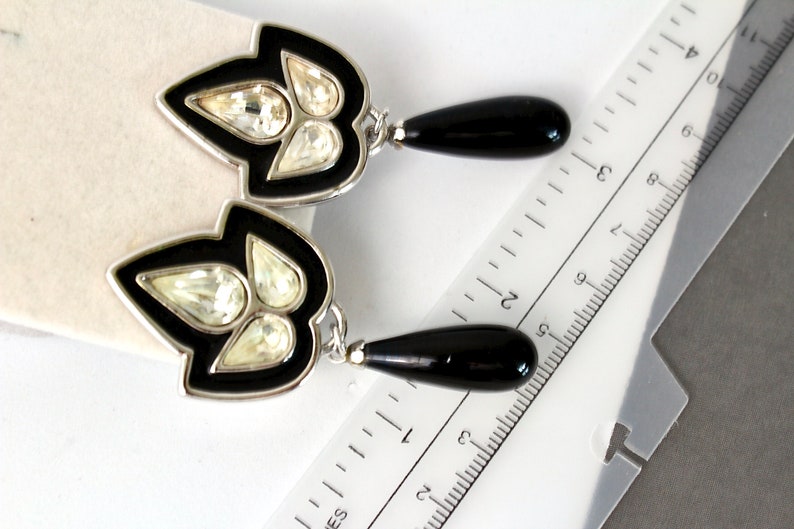Vintage YSL Yves Saint Laurent Black enamel Earrings, YSL french couture earrings with crystals fashion YSL image 5