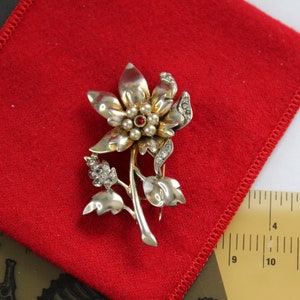 Rare Sterling silver  signed DeRosa Flower  Brooch/ Fur Clip  with Red  and clear rhinestones & Faux pearls  #2676