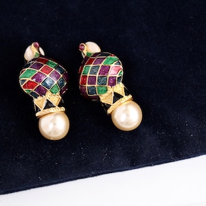 Rare Joan Rivers Multi color Enamel Russian / Eastern Style Earrings  clip on with Faux pearls