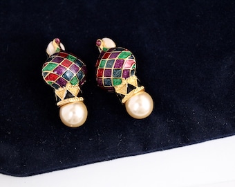 Boucles D'Oreilles Clips Vintage Années 80 - Fleur En Émail Cloisonné Rose Sur Métal Doré - Occasion