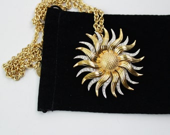 Vintage KJL Kenneth Jay Lane Moveable Rhinestone SUN Brooch Pendant Necklace  Chain