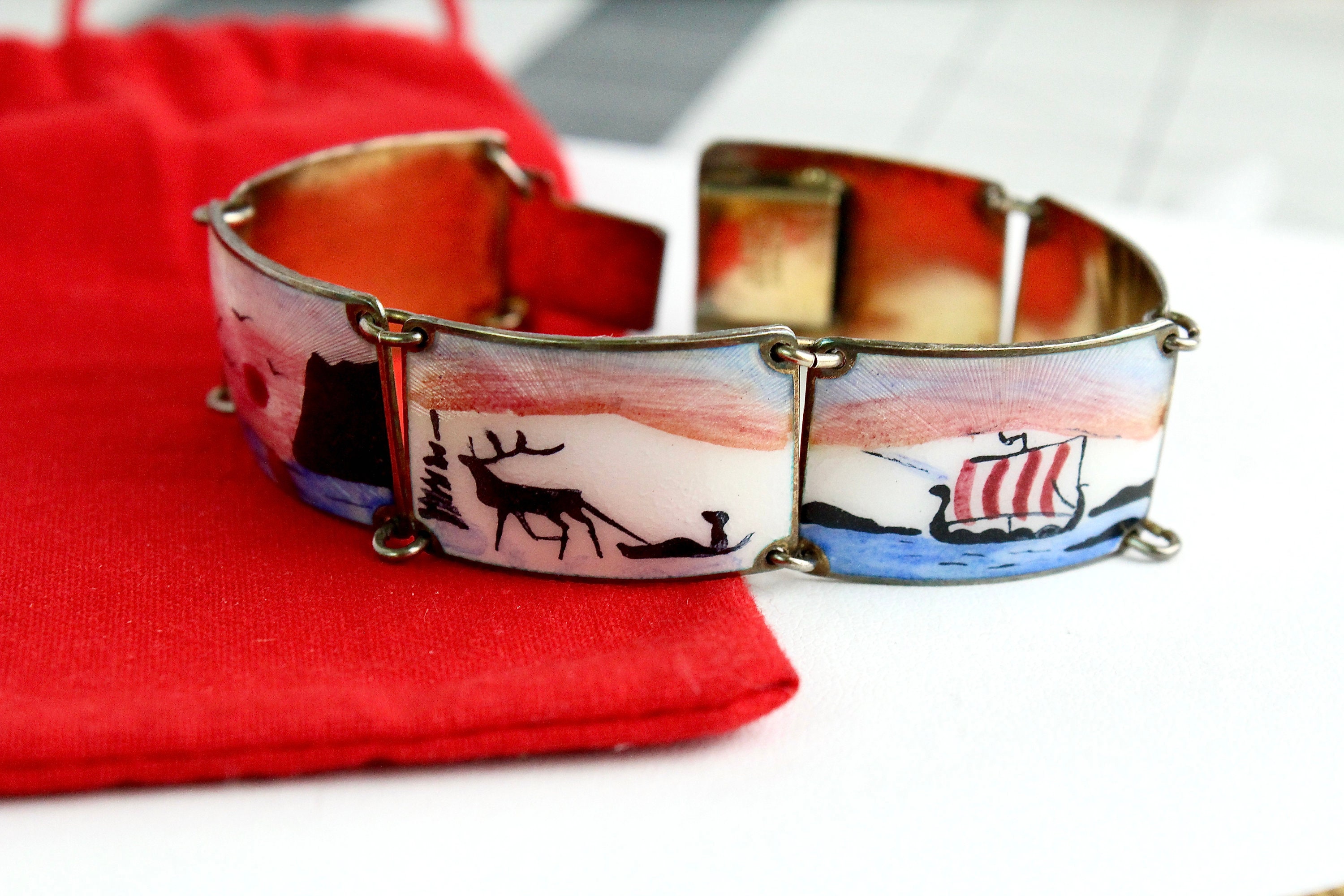 Vintage Norway Sterling Silver 925 Guilloche Enamel Viking Style