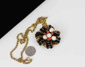 Stanley Hagler Baroque Pearl /  Coral/ Black pendant/ necklace #2378
