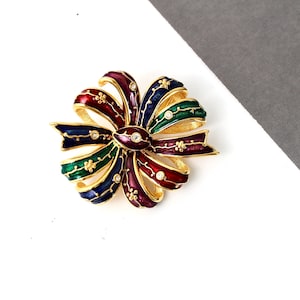 Signed Joan Rivers  Multi-color enamel BOW brooch pin  with crystal rhinestones  #1613