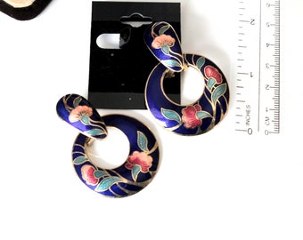 Unsigned  Retro  Cloisonne Enamel  Large Drop  Earrings Pierced  with floral design  #1646/29