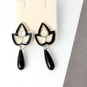 Vintage YSL Yves Saint Laurent Black enamel Earrings, YSL french couture earrings with crystals fashion YSL image 1