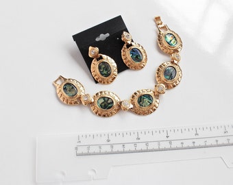 Unsigned  Iridescent resin cabochons   Bracelet and  Earring set with clear  rhinestones #1936/1