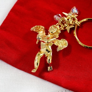 Vintage Signed KIRKS FOLLY  Gold tone Guardian Angel Cupid Key chain - Crystal star- Kirks Folly  accessory