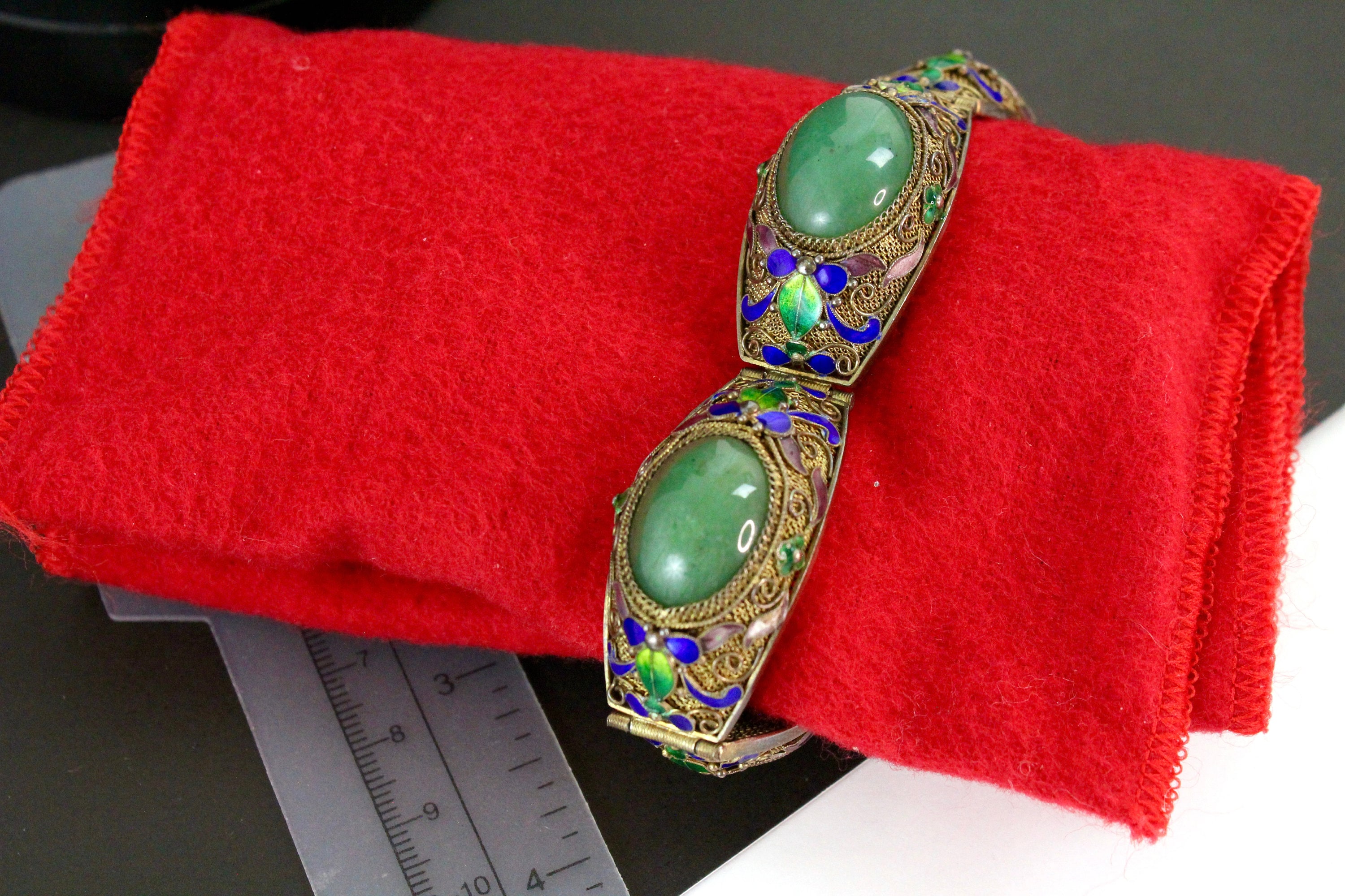 RARE ART Deco Chinese Export Bracelet Jade Silver Gold Wash Blue
