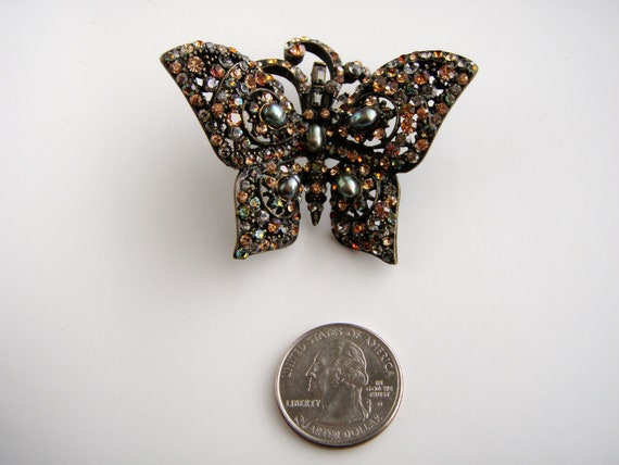 Barrera Bronze Tone Butterfly Brooch: Rhinestones & Faux Pearls