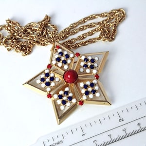 Rare Signed HOBE Patriotic Star Brooch/  necklace  with   faux red, blue and white  stones    # 904