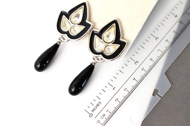 Vintage YSL Yves Saint Laurent Black enamel Earrings, YSL french couture earrings with crystals fashion YSL image 4