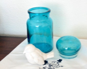 Collectible Mid-Century  Turquoise Blue  Glass Belgian Lidded Jar Middle  size  Bottle,  made in Belgium,  Home decor #2952