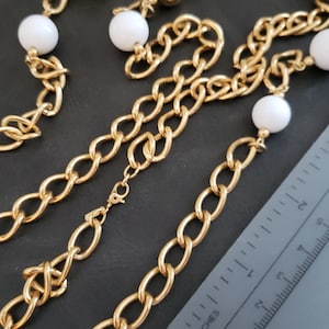 Gold Tone Monet Long  Links Chain Necklace with  white  plastic  and Gold metal round beads / Retro Monet Chain Necklace | Summer necklace