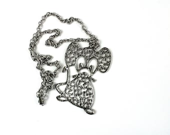 Vintage ery Cute  Large  Mouse silver tone pendant  - Minnie Mouse Necklace - Chain    #