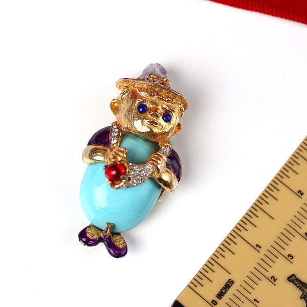 Rare Vintage Pauline Rader Figural Brooch Faux Turquoise , Red and Blue Gripoix glass, Clear rhinestones   and  purple Enamel #2826