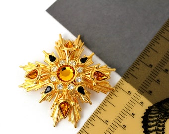 Rare Signed Joan Rivers  Maltese cross Brooch Pin with topaz  and clear rhinestones  #2689