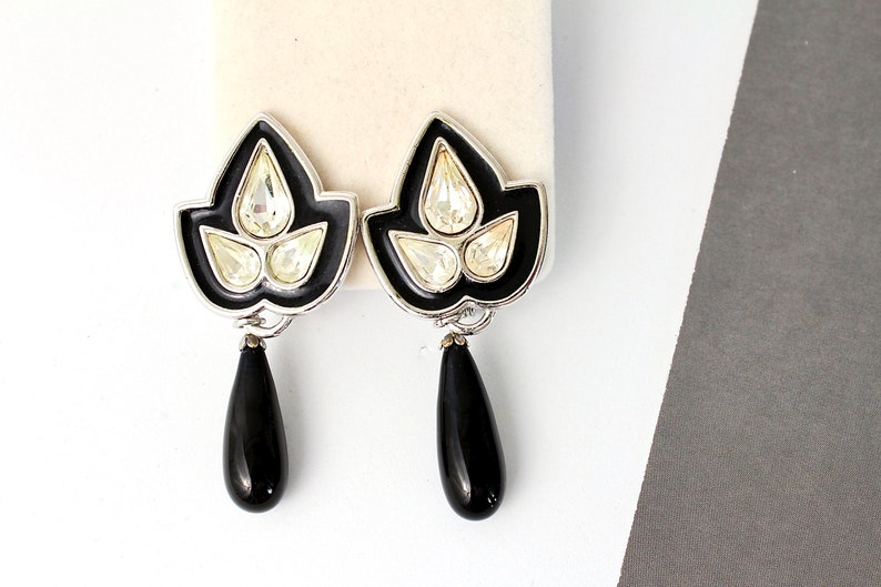 Vintage YSL Yves Saint Laurent Black enamel Earrings, YSL french couture earrings with crystals fashion YSL image 2