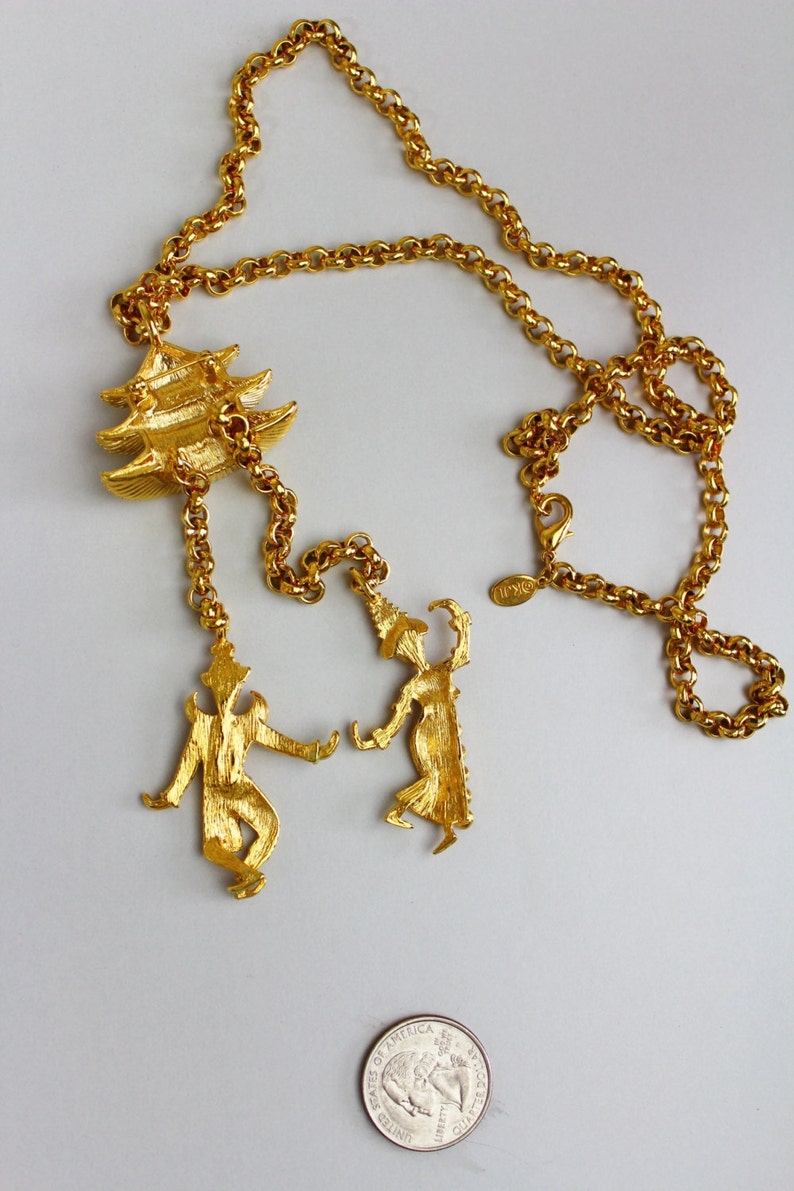 Kenneth Jay Lane KJL Necklace Pendant Brooch Pagoda with 2 Chinese dancers 1479 image 2