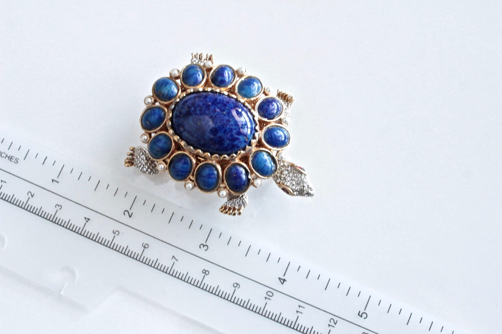Kenneth Jay Lane: Crab blue Lapis gold/plated clear rhinestones watch brooch/pin Kenneth Jay Lane (KJL) Crab Watch Brooch/Pin main image 2