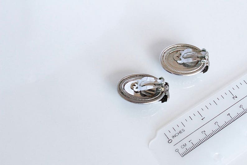Signed WHITING /& DAVIS silver Tone Black Glass Leaf Earrings Clip on #245