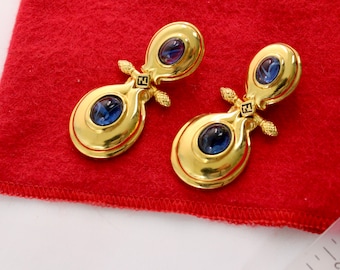 Vintage Fendi Dangle Earrings: Gold Tone Blue Glass Cabochons