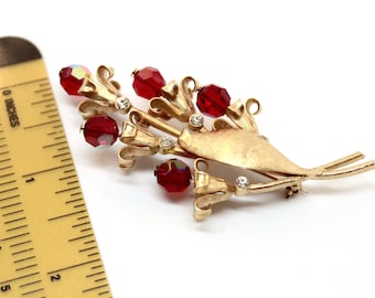 Broche florale Lily of the Valley vintage non signée avec strass rouges et clairs #2991