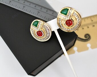 Boucles D'oreilles Clips XL Signées David Grau - Style Gripoix Années 80, En Verre Et Alliage Doré